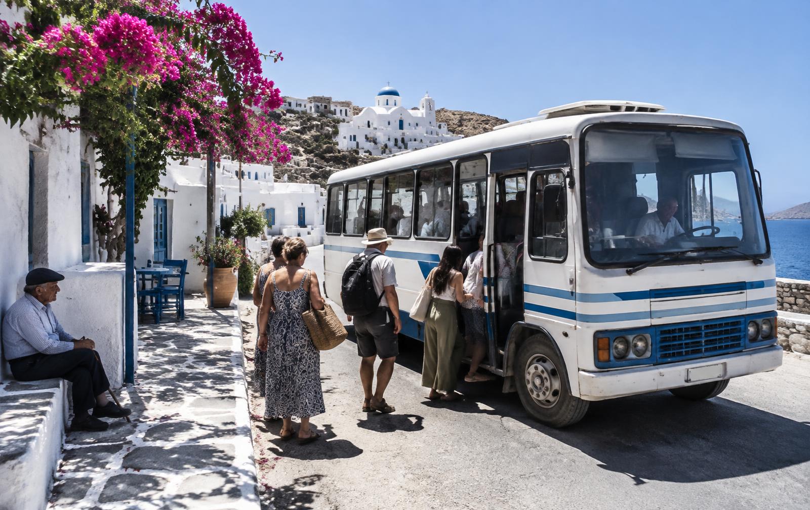 Travellers boarding a local bus in a Cycladic village